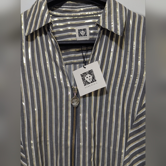 Anne Klein Gold & Grey Shirt, Striped & Sparkles, Short Sleeve, Size Small - Picture 2 of 7